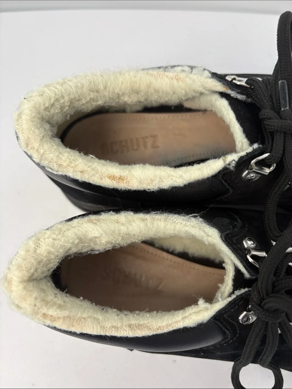 🪃 Schutz Black Suede Lace-Up Faux Shearling Lined Hikers Lucille